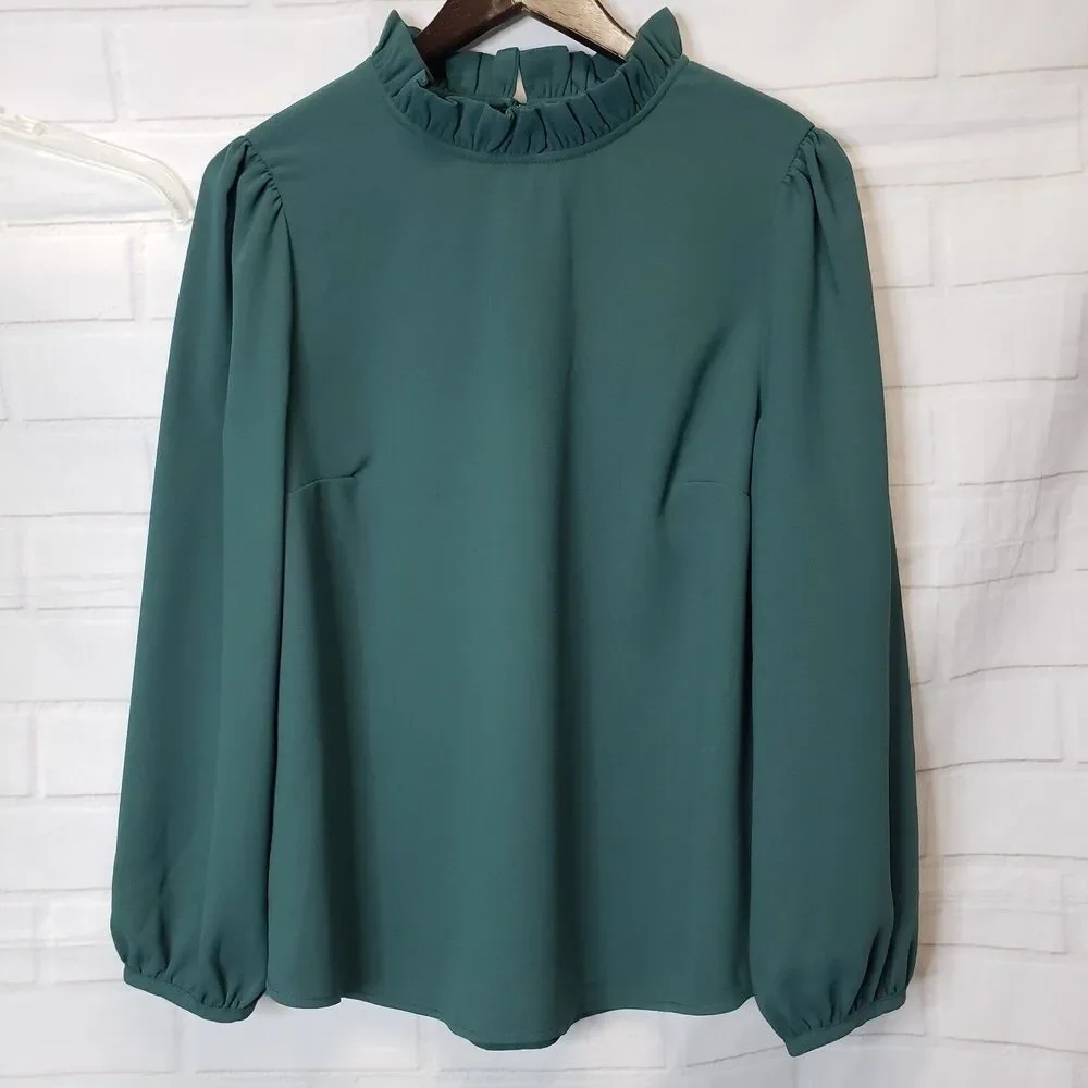J. Crew Ruffle Mock Neck Blouse Medium M Forest Green Long Sleeve